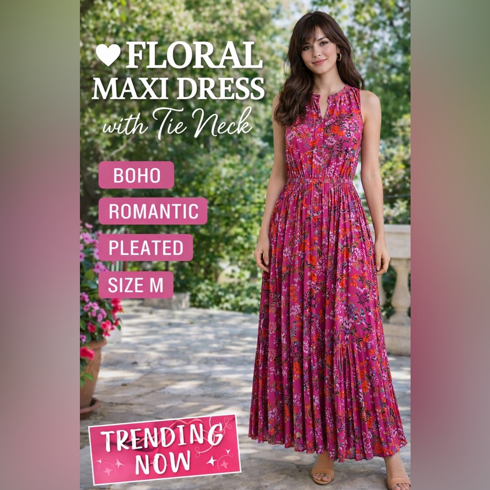 🌺 ON 34th Floral Maxi Dress | Size M | Pink Pleated Tie Neck | Boho Romantic - Picture 2 of 9
